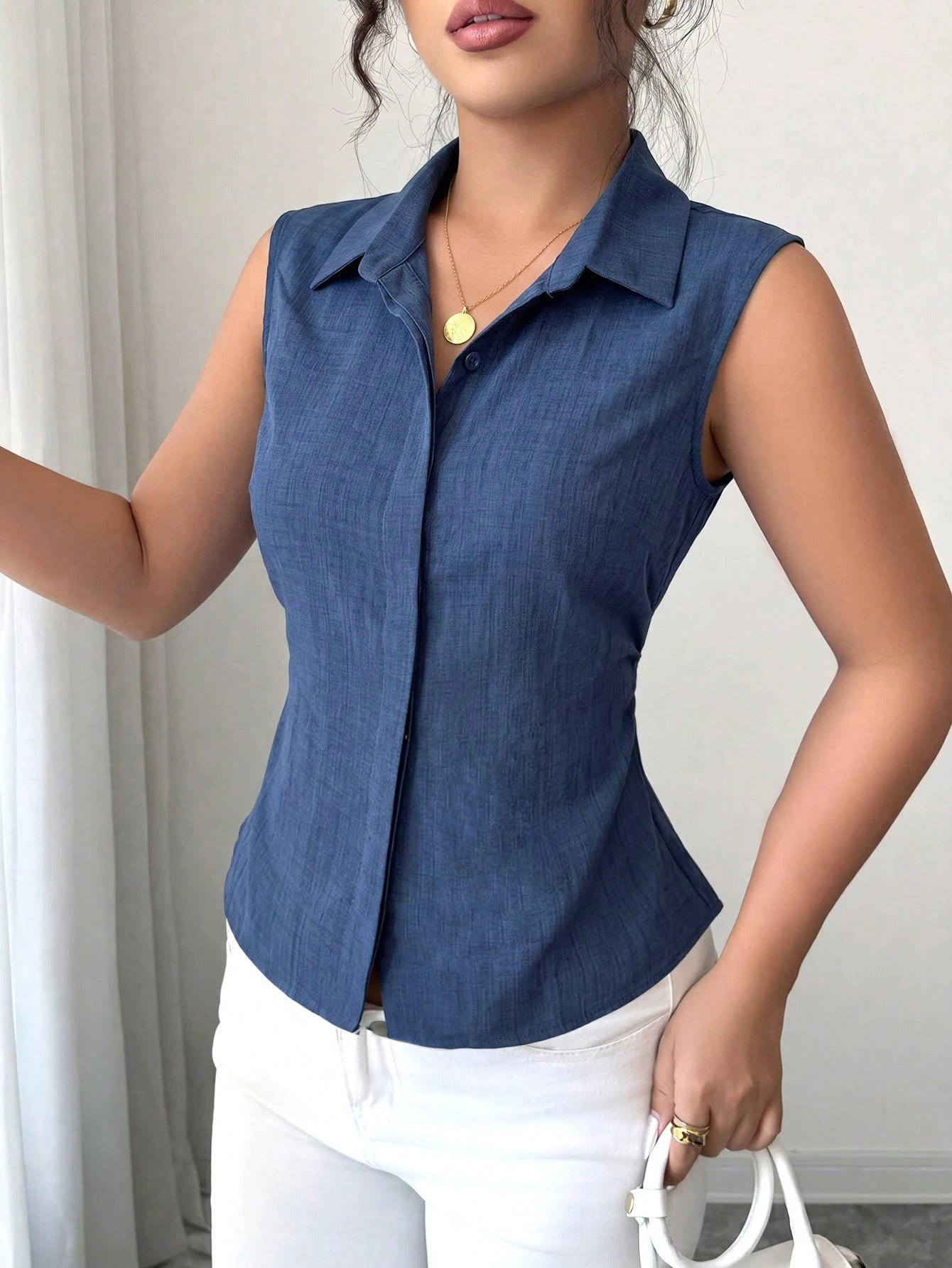 Elenzga 1pc Plus Size Women's Summer Lapel Sleeveless Fitted Asymmetrical Hem Casual Blouse