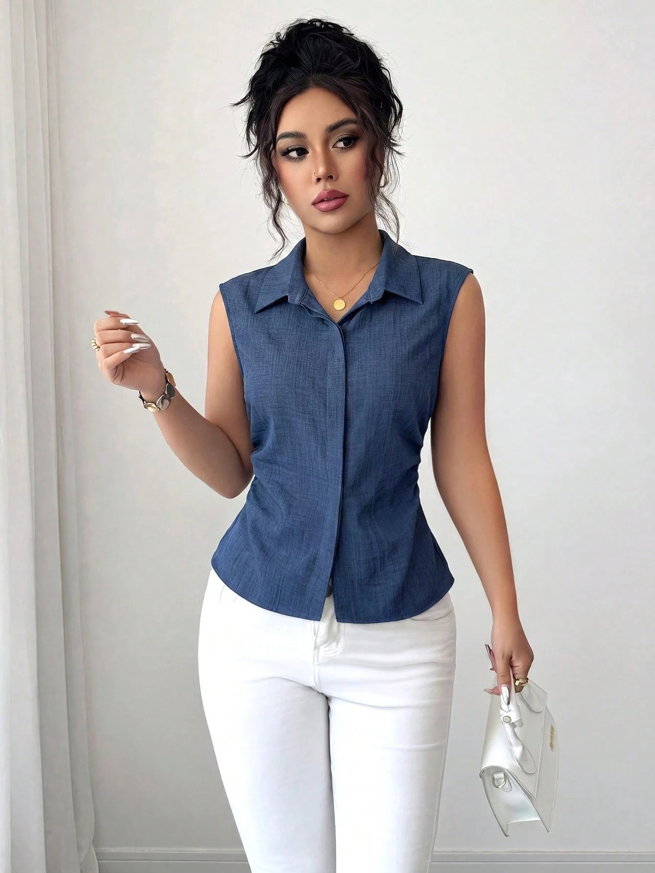 Elenzga 1pc Plus Size Women's Summer Lapel Sleeveless Fitted Asymmetrical Hem Casual Blouse
