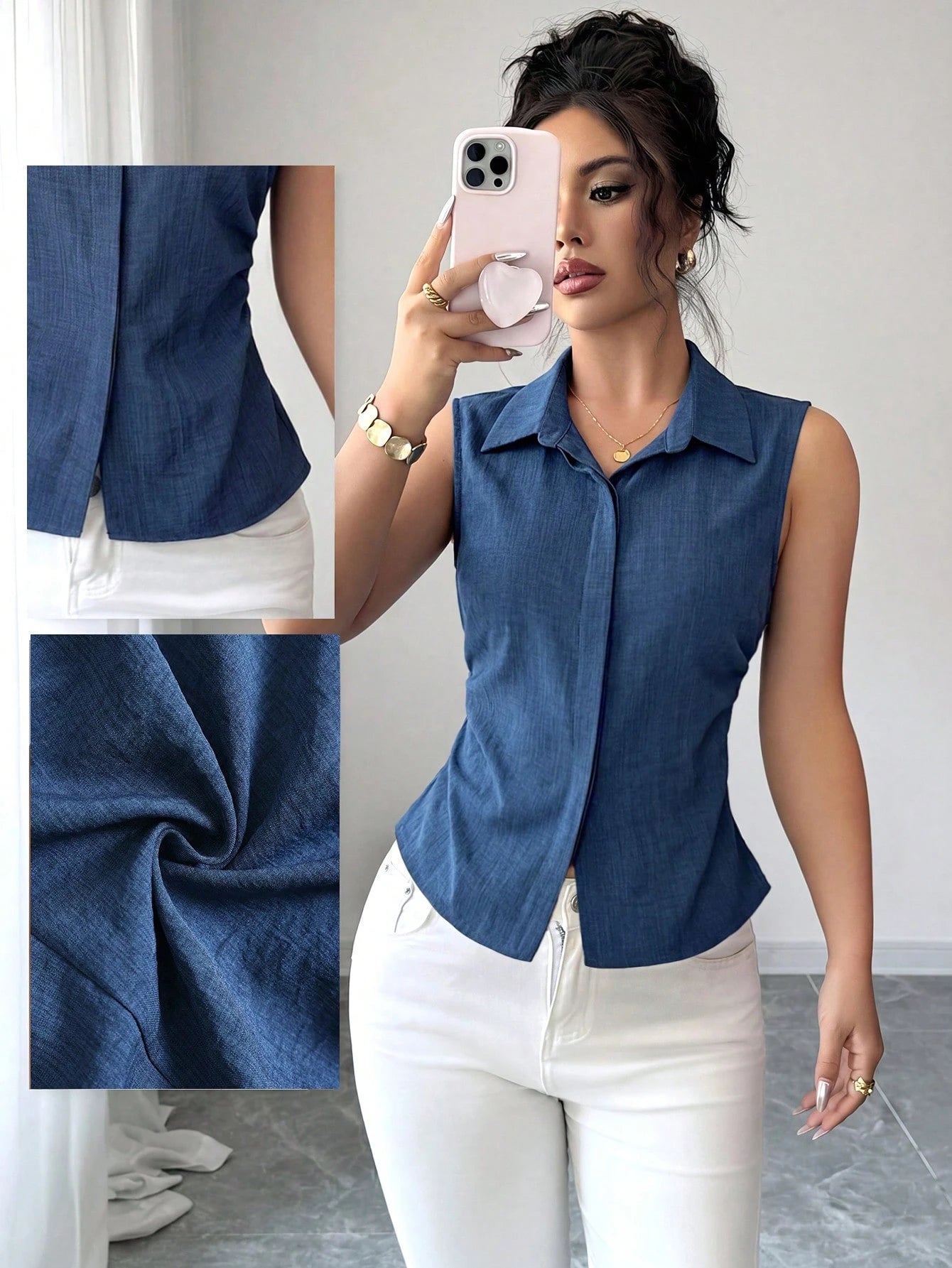 Elenzga 1pc Plus Size Women's Summer Lapel Sleeveless Fitted Asymmetrical Hem Casual Blouse