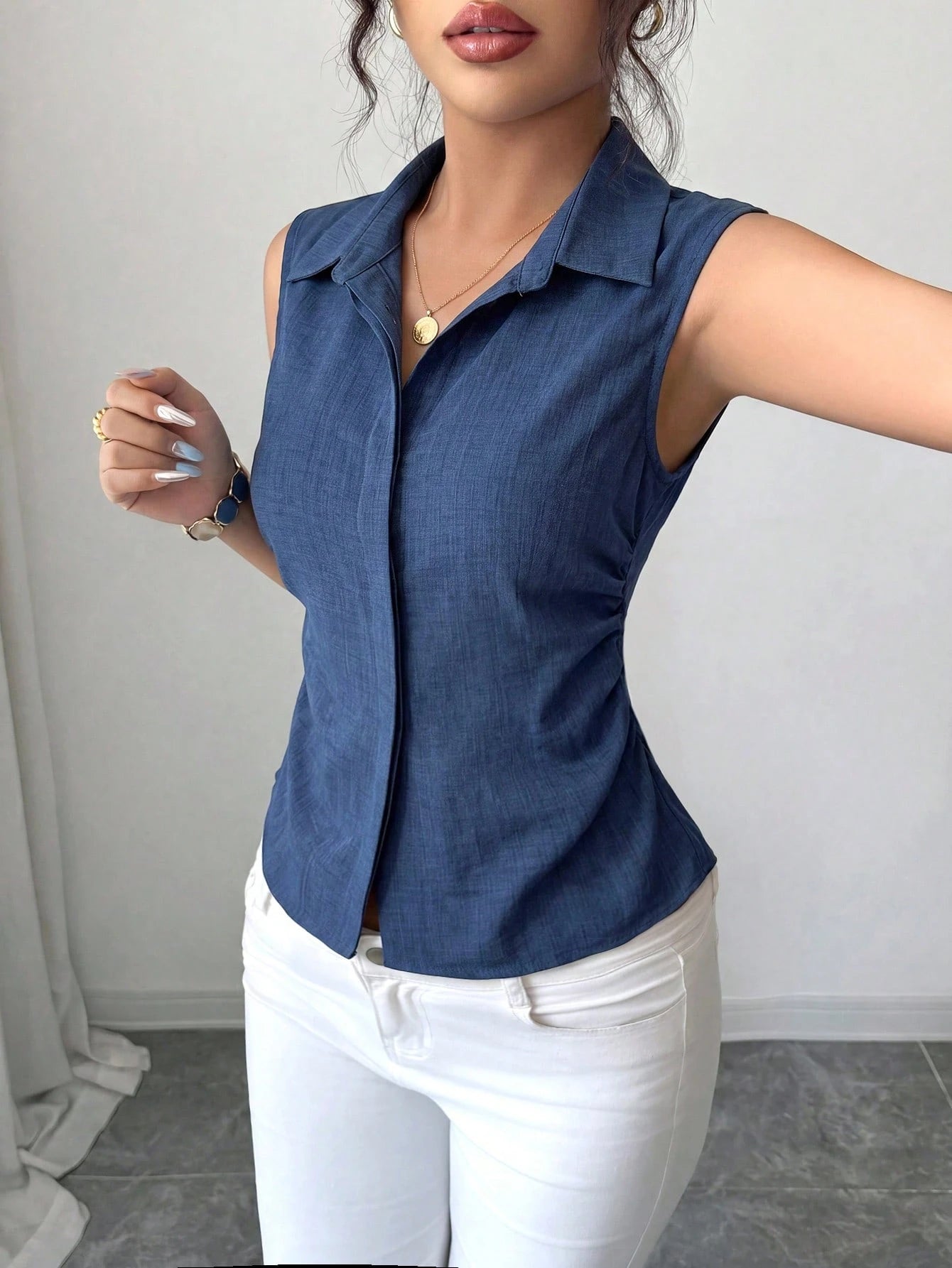 Elenzga 1pc Plus Size Women's Summer Lapel Sleeveless Fitted Asymmetrical Hem Casual Blouse