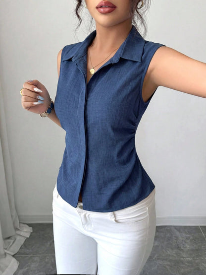 Elenzga 1pc Plus Size Women's Summer Lapel Sleeveless Fitted Asymmetrical Hem Casual Blouse