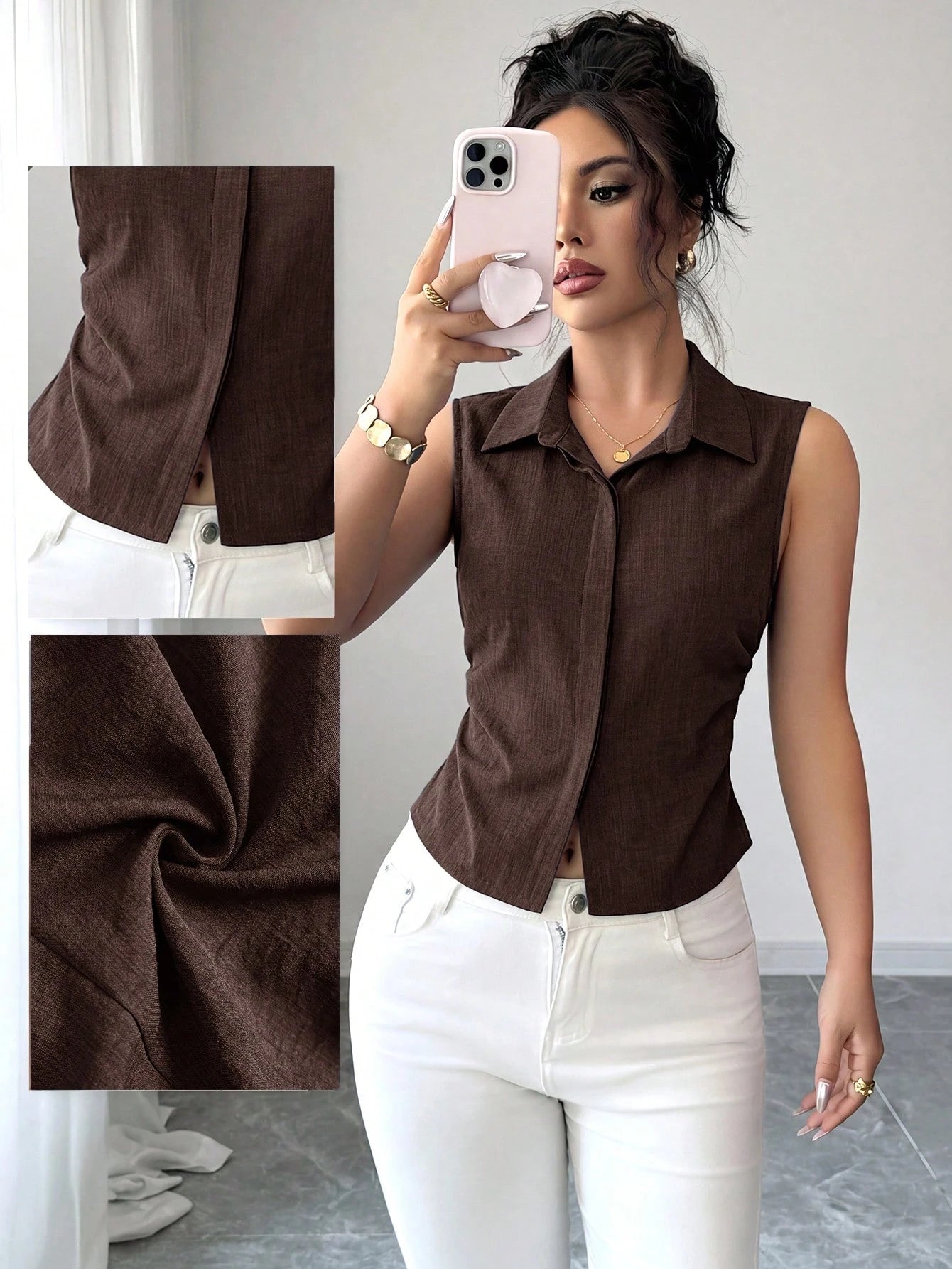Elenzga 1pc Plus Size Women's Summer Lapel Sleeveless Fitted Asymmetrical Hem Casual Blouse