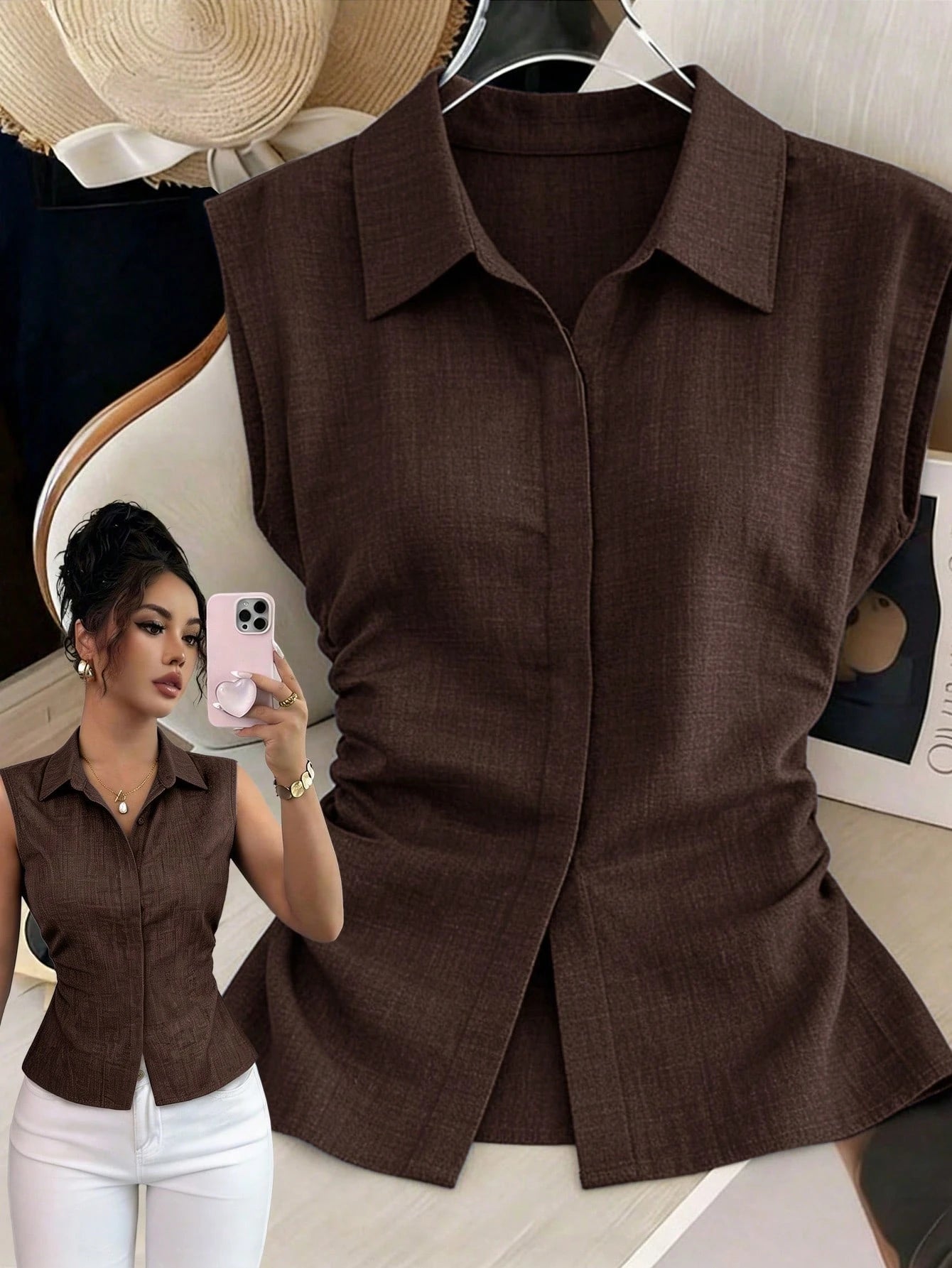 Elenzga 1pc Plus Size Women's Summer Lapel Sleeveless Fitted Asymmetrical Hem Casual Blouse