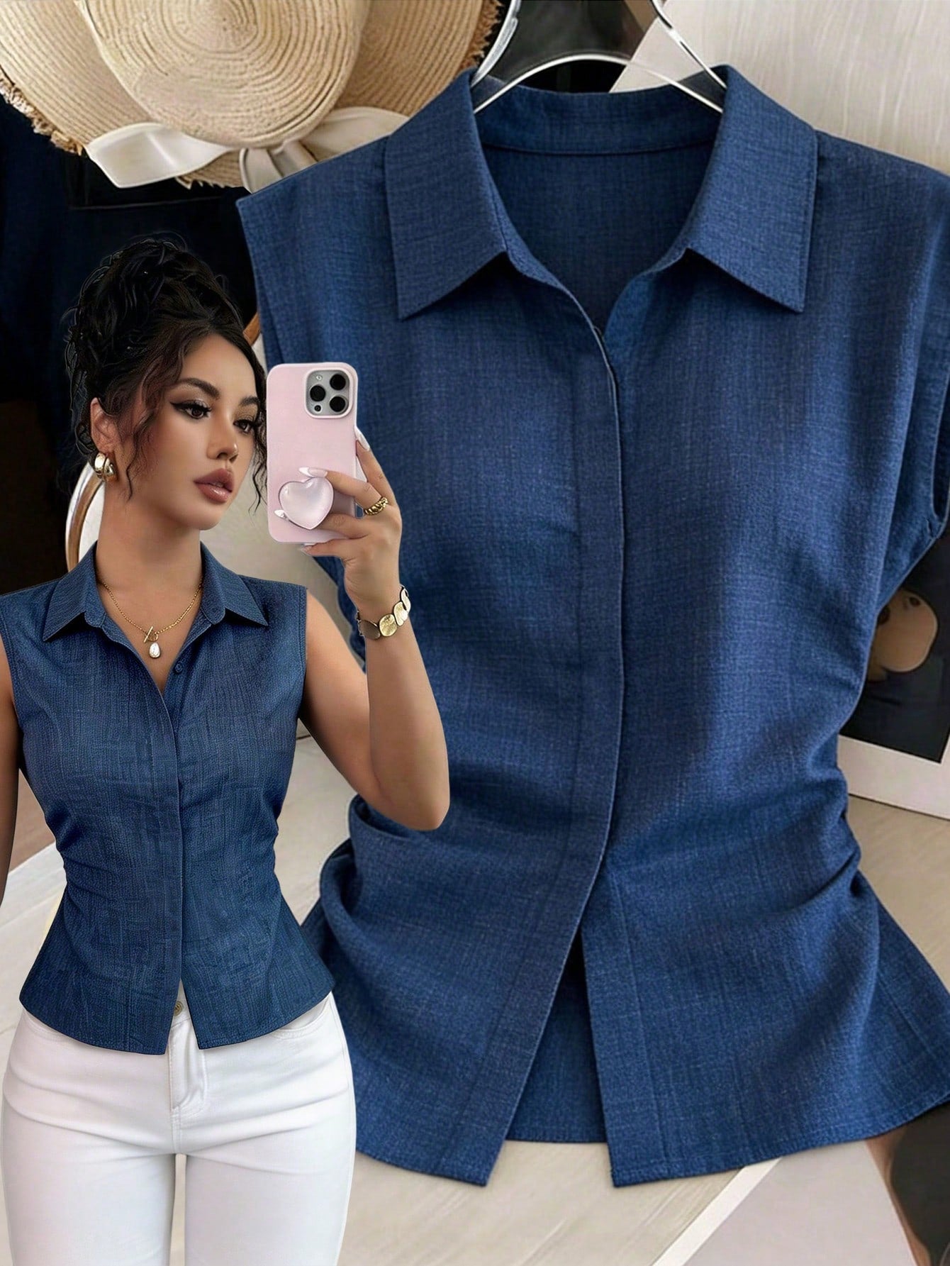 Elenzga 1pc Plus Size Women's Summer Lapel Sleeveless Fitted Asymmetrical Hem Casual Blouse