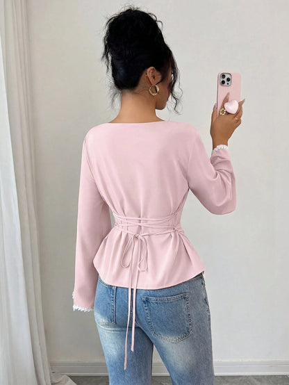 Elenzga 1pc Women's Spring/Summer Wavy Heart Woven Trim Ruched Waist Blouse