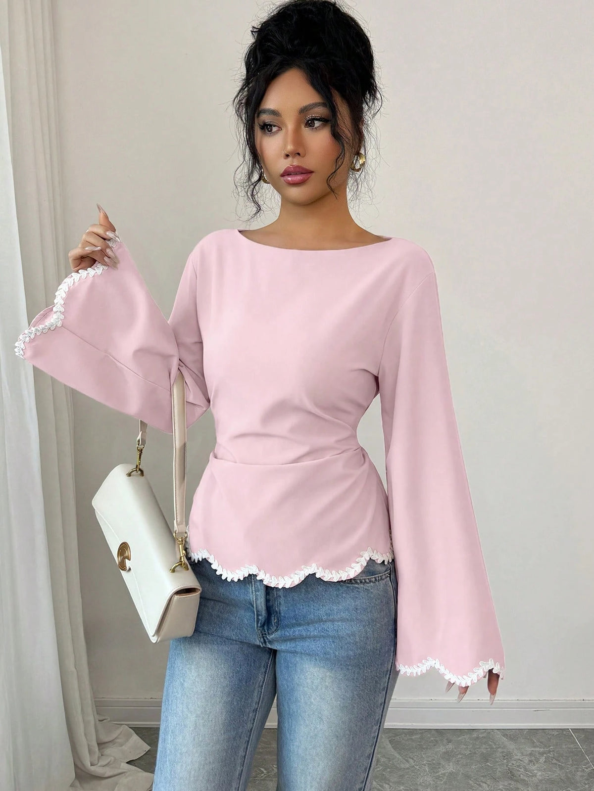 Elenzga 1pc Women's Spring/Summer Wavy Heart Woven Trim Ruched Waist Blouse