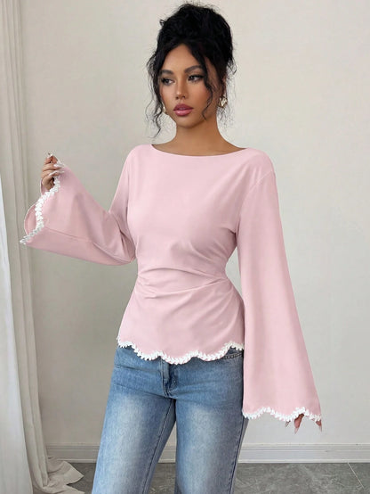 Elenzga 1pc Women's Spring/Summer Wavy Heart Woven Trim Ruched Waist Blouse