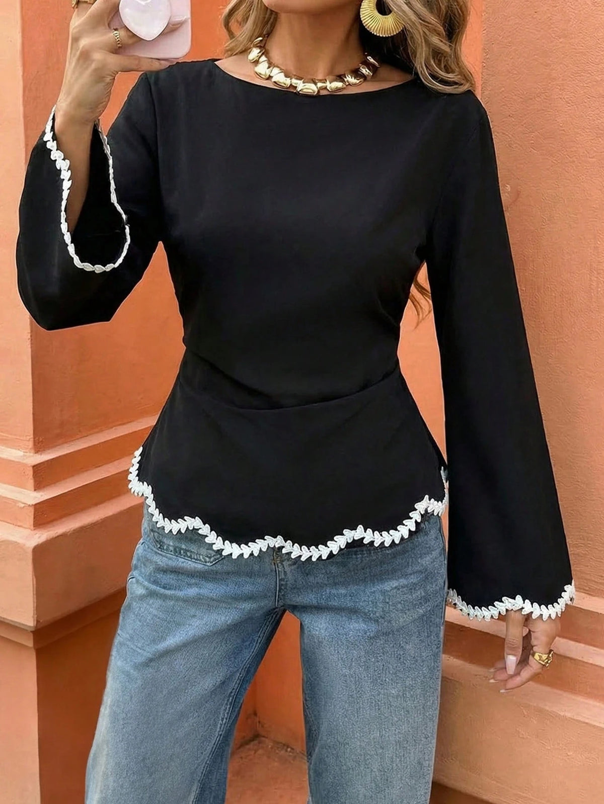 Elenzga 1pc Women's Spring/Summer Wavy Heart Woven Trim Ruched Waist Blouse