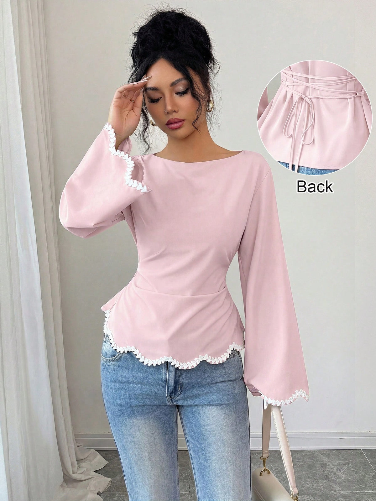 Elenzga 1pc Women's Spring/Summer Wavy Heart Woven Trim Ruched Waist Blouse