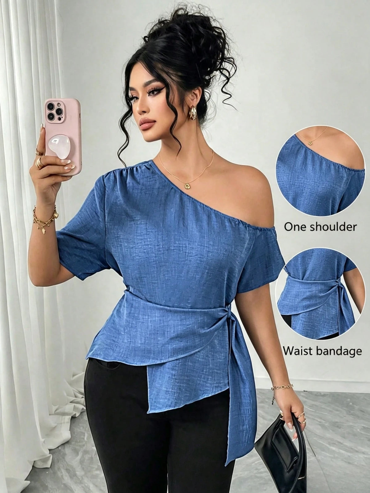 Elenzga Elegant Plus Size Blue Woven Fabric Asymmetrical Neck Wrap Top With Short Sleeves