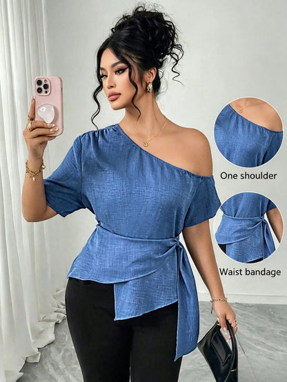 Elenzga Elegant Plus Size Blue Woven Fabric Asymmetrical Neck Wrap Top With Short Sleeves