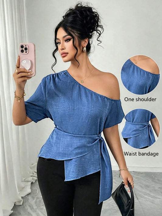 Elenzga Elegant Plus Size Blue Woven Fabric Asymmetrical Neck Wrap Top With Short Sleeves