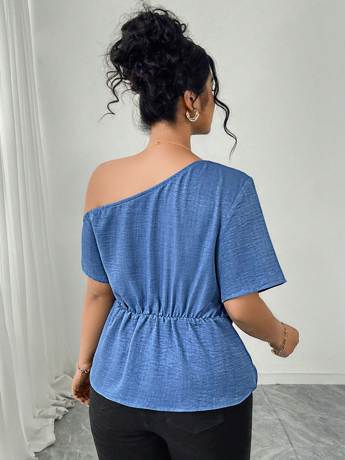 Elenzga Elegant Plus Size Blue Woven Fabric Asymmetrical Neck Wrap Top With Short Sleeves