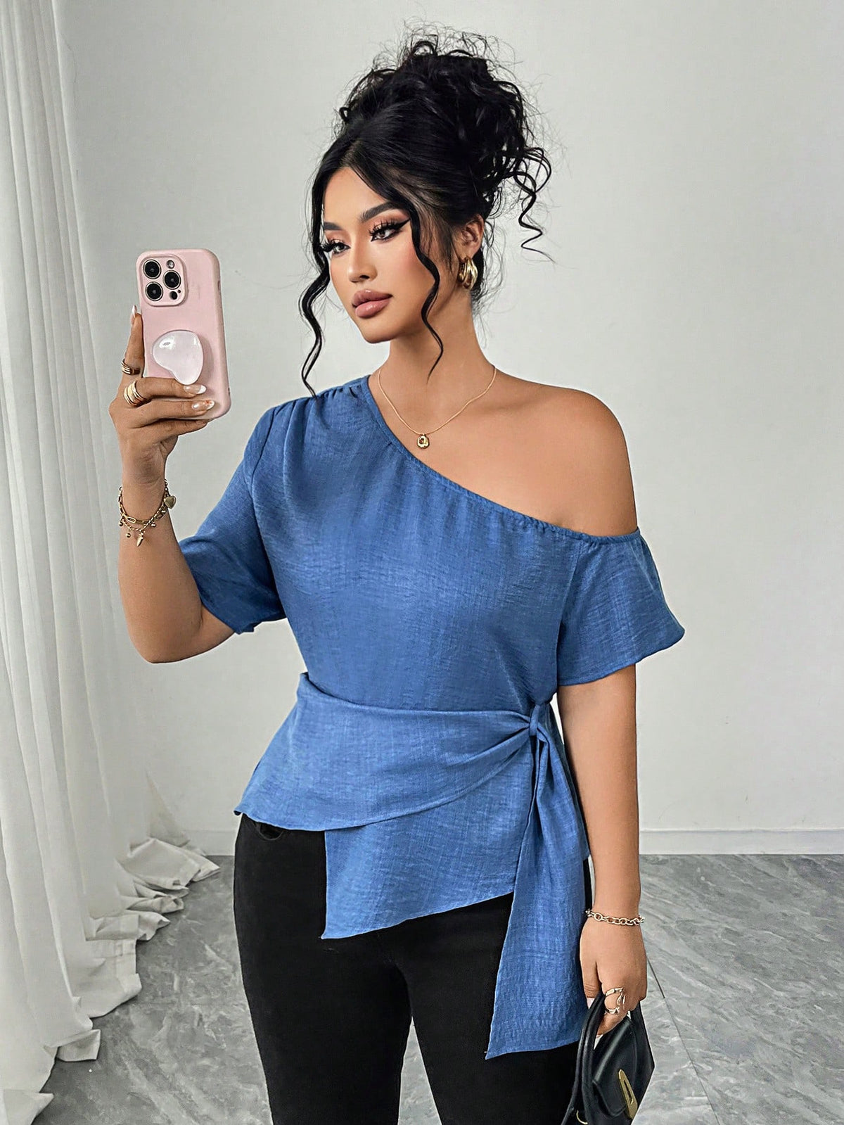Elenzga Elegant Plus Size Blue Woven Fabric Asymmetrical Neck Wrap Top With Short Sleeves