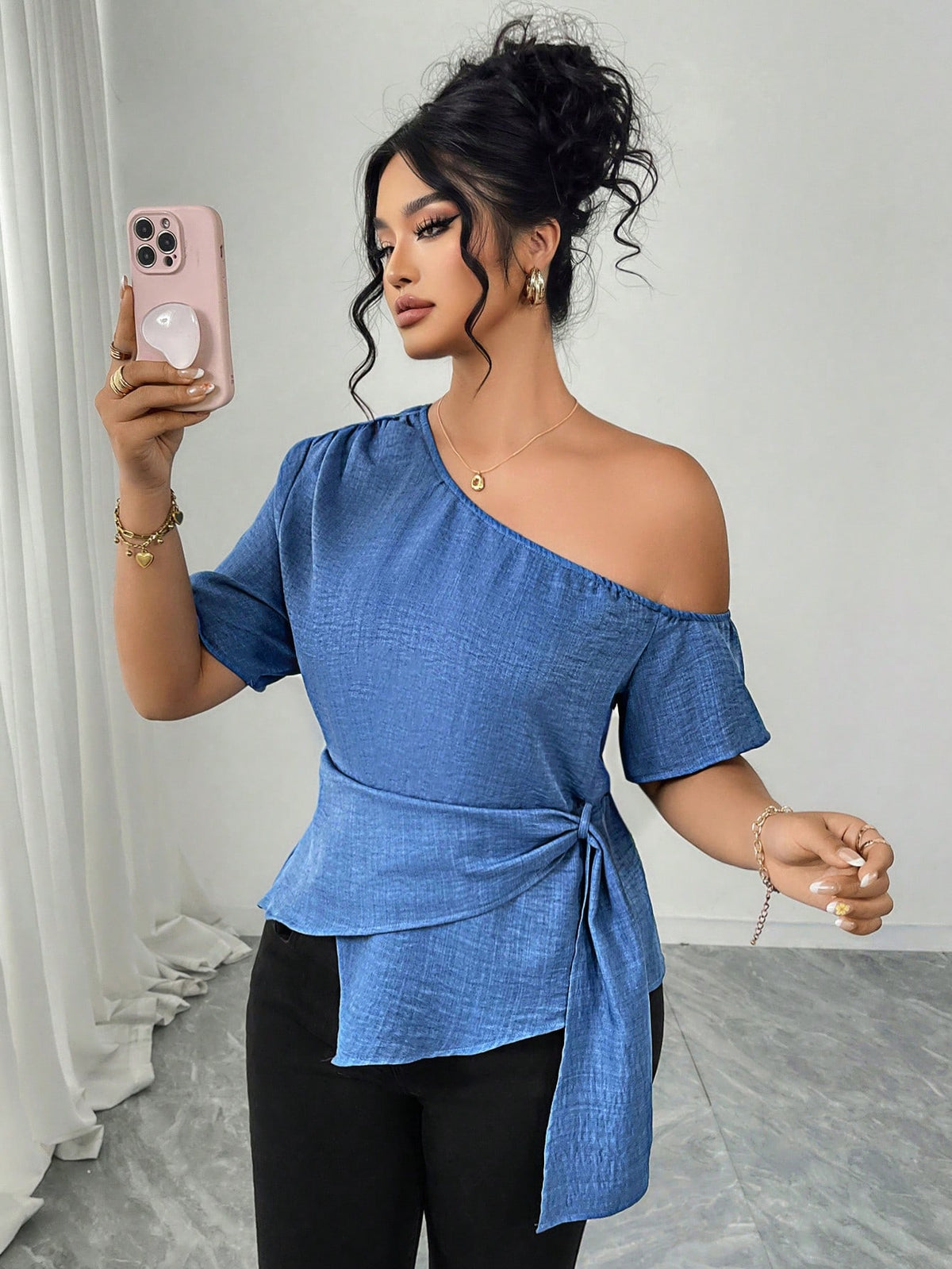 Elenzga Elegant Plus Size Blue Woven Fabric Asymmetrical Neck Wrap Top With Short Sleeves