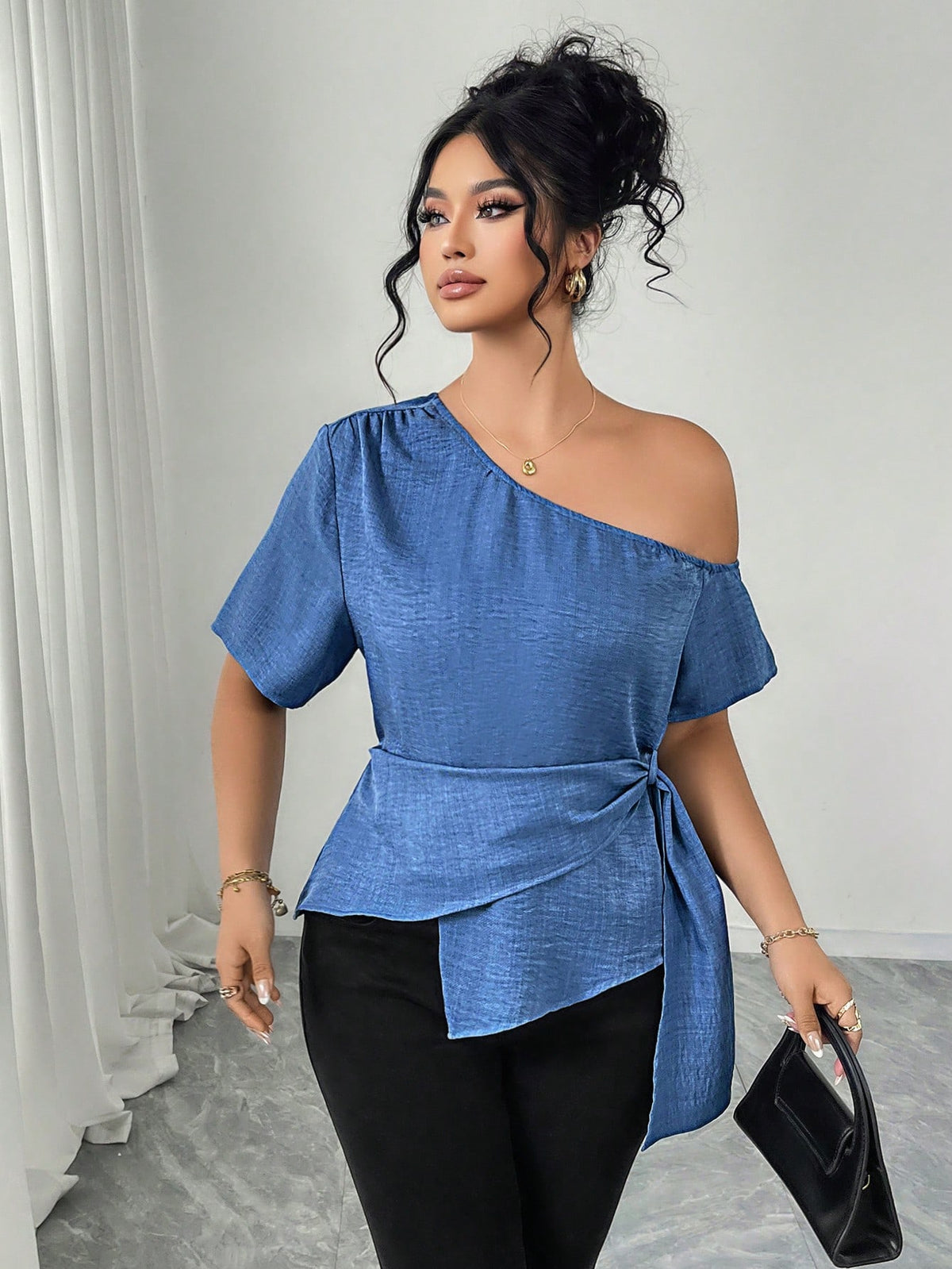 Elenzga Elegant Plus Size Blue Woven Fabric Asymmetrical Neck Wrap Top With Short Sleeves