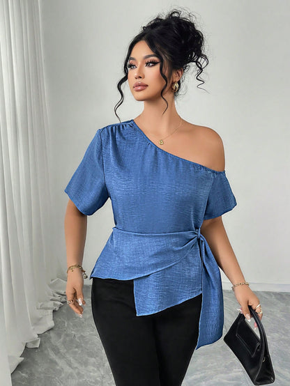 Elenzga Elegant Plus Size Blue Woven Fabric Asymmetrical Neck Wrap Top With Short Sleeves