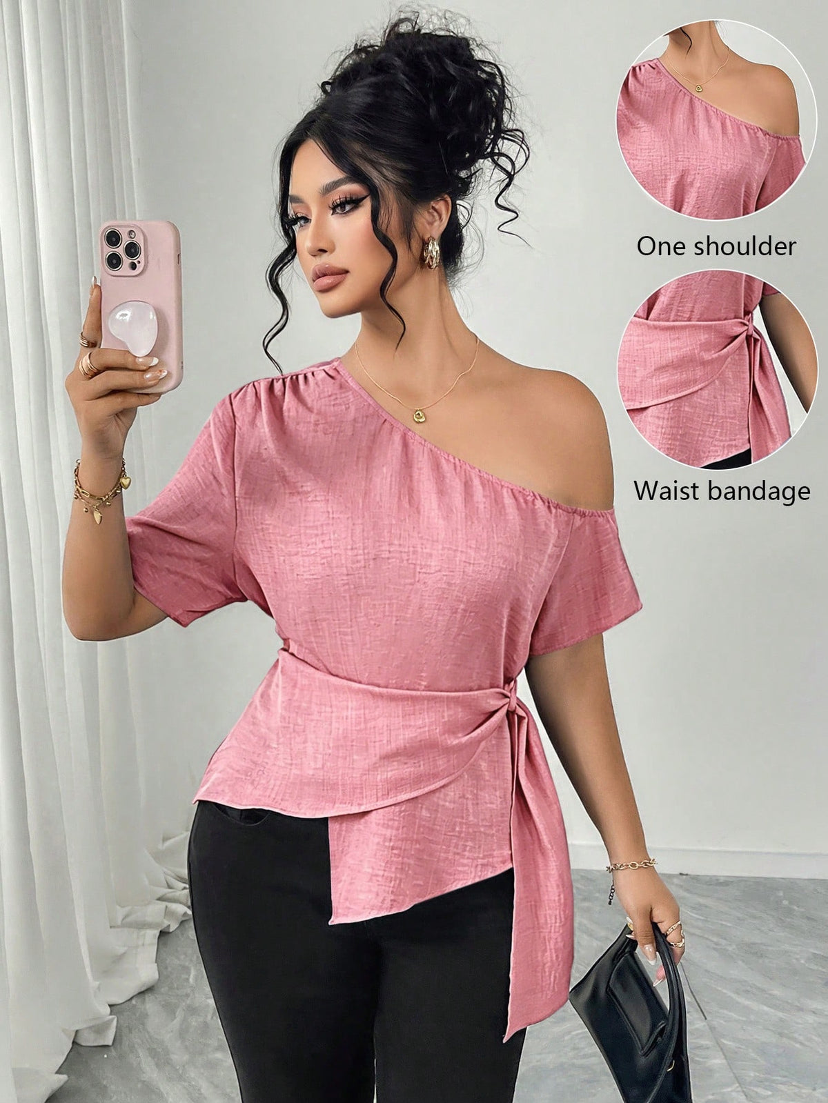 Elenzga Elegant Plus Size Blue Woven Fabric Asymmetrical Neck Wrap Top With Short Sleeves