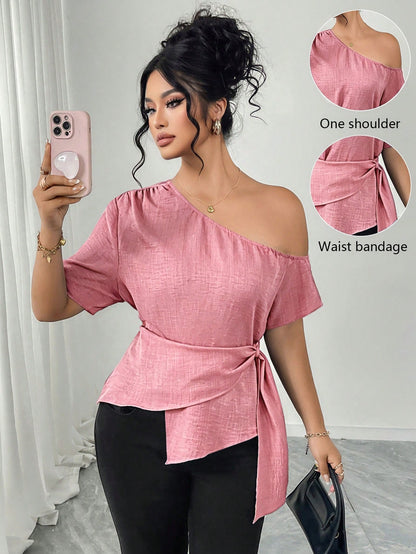 Elenzga Elegant Plus Size Blue Woven Fabric Asymmetrical Neck Wrap Top With Short Sleeves