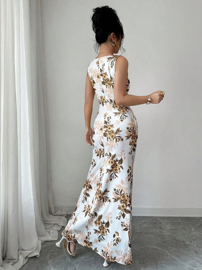 Elenzga Elegant Summer Floral Bodycon Dress,White And Brown French Square Neckline Mermaid Silhouette,Garden Party Wedding Vacation Date Formal Dress