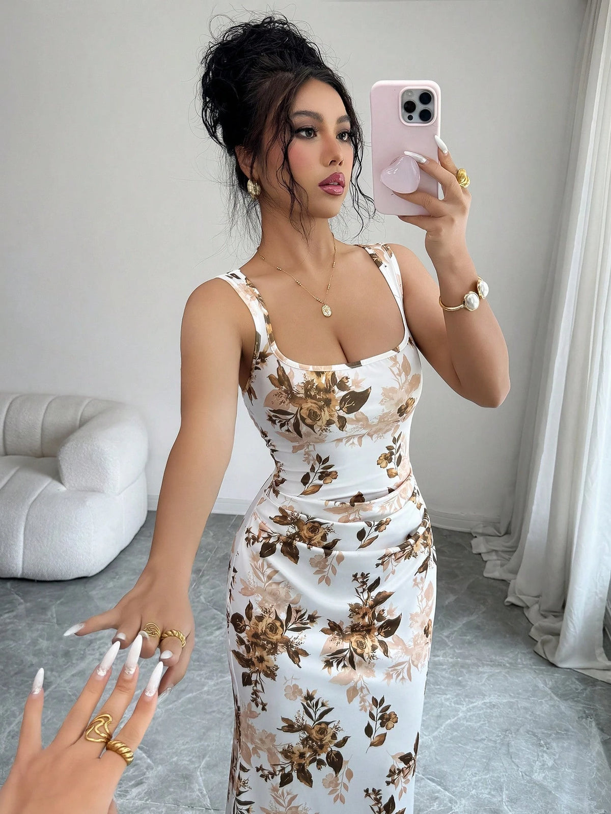 Elenzga Elegant Summer Floral Bodycon Dress,White And Brown French Square Neckline Mermaid Silhouette,Garden Party Wedding Vacation Date Formal Dress