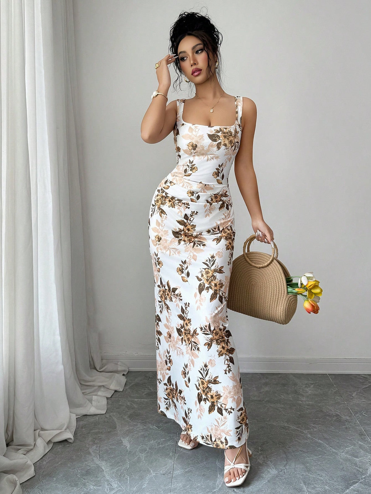 Elenzga Elegant Summer Floral Bodycon Dress,White And Brown French Square Neckline Mermaid Silhouette,Garden Party Wedding Vacation Date Formal Dress