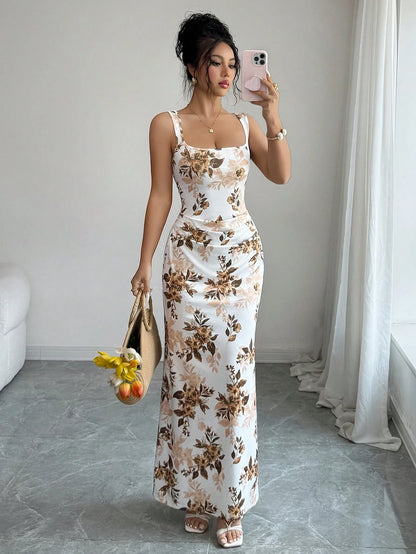 Elenzga Elegant Summer Floral Bodycon Dress,White And Brown French Square Neckline Mermaid Silhouette,Garden Party Wedding Vacation Date Formal Dress
