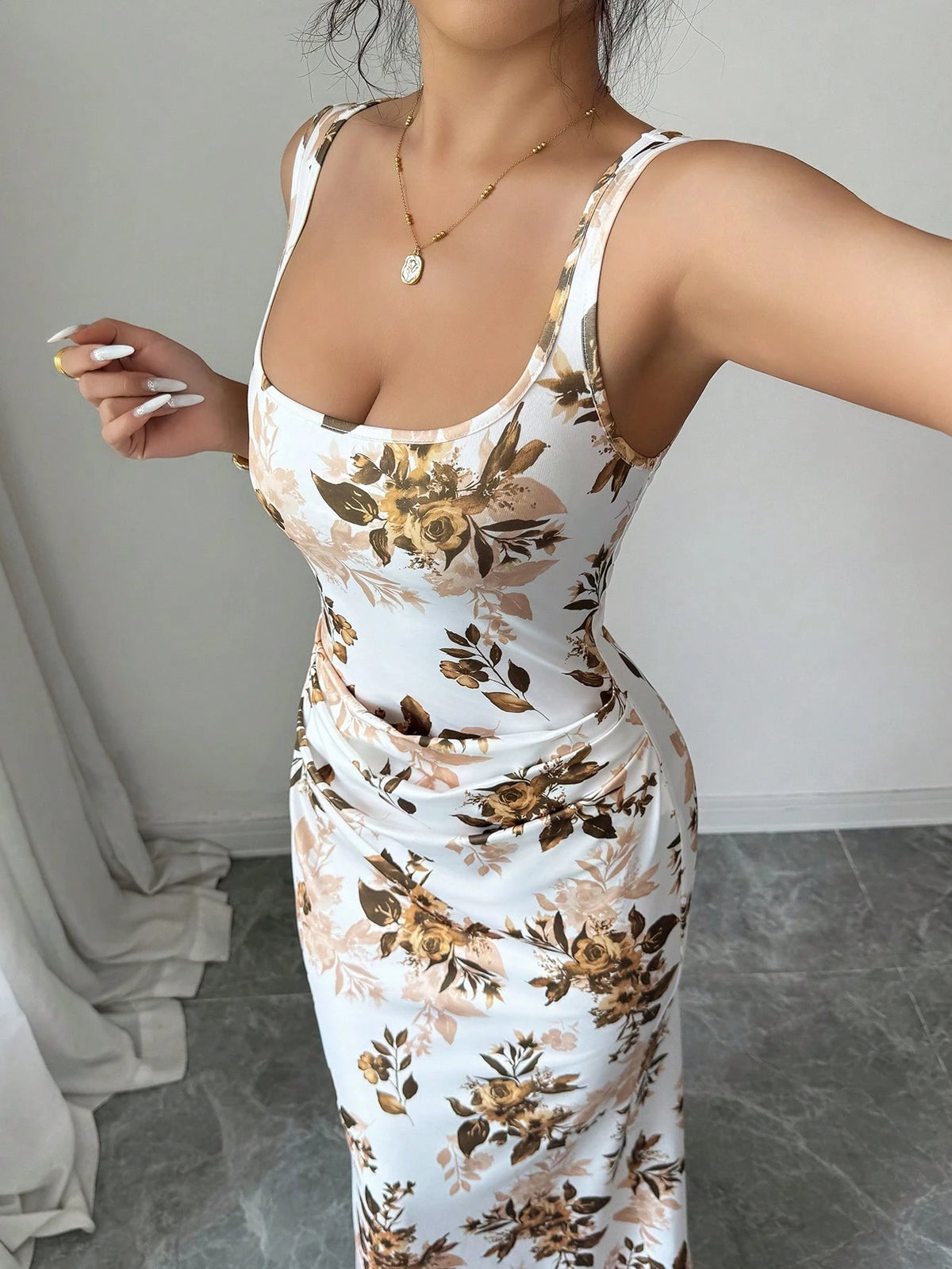 Elenzga Elegant Summer Floral Bodycon Dress,White And Brown French Square Neckline Mermaid Silhouette,Garden Party Wedding Vacation Date Formal Dress