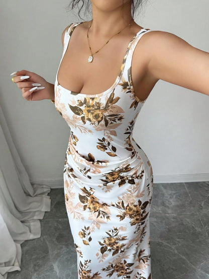Elenzga Elegant Summer Floral Bodycon Dress,White And Brown French Square Neckline Mermaid Silhouette,Garden Party Wedding Vacation Date Formal Dress