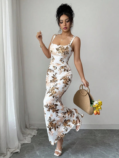 Elenzga Elegant Summer Floral Bodycon Dress,White And Brown French Square Neckline Mermaid Silhouette,Garden Party Wedding Vacation Date Formal Dress
