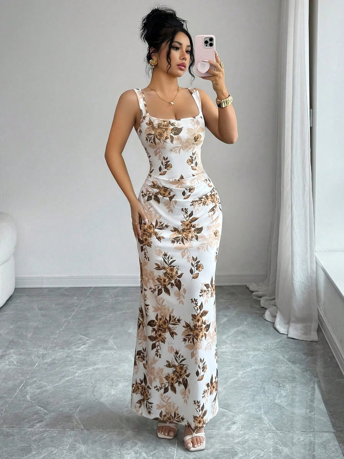 Elenzga Elegant Summer Floral Bodycon Dress,White And Brown French Square Neckline Mermaid Silhouette,Garden Party Wedding Vacation Date Formal Dress