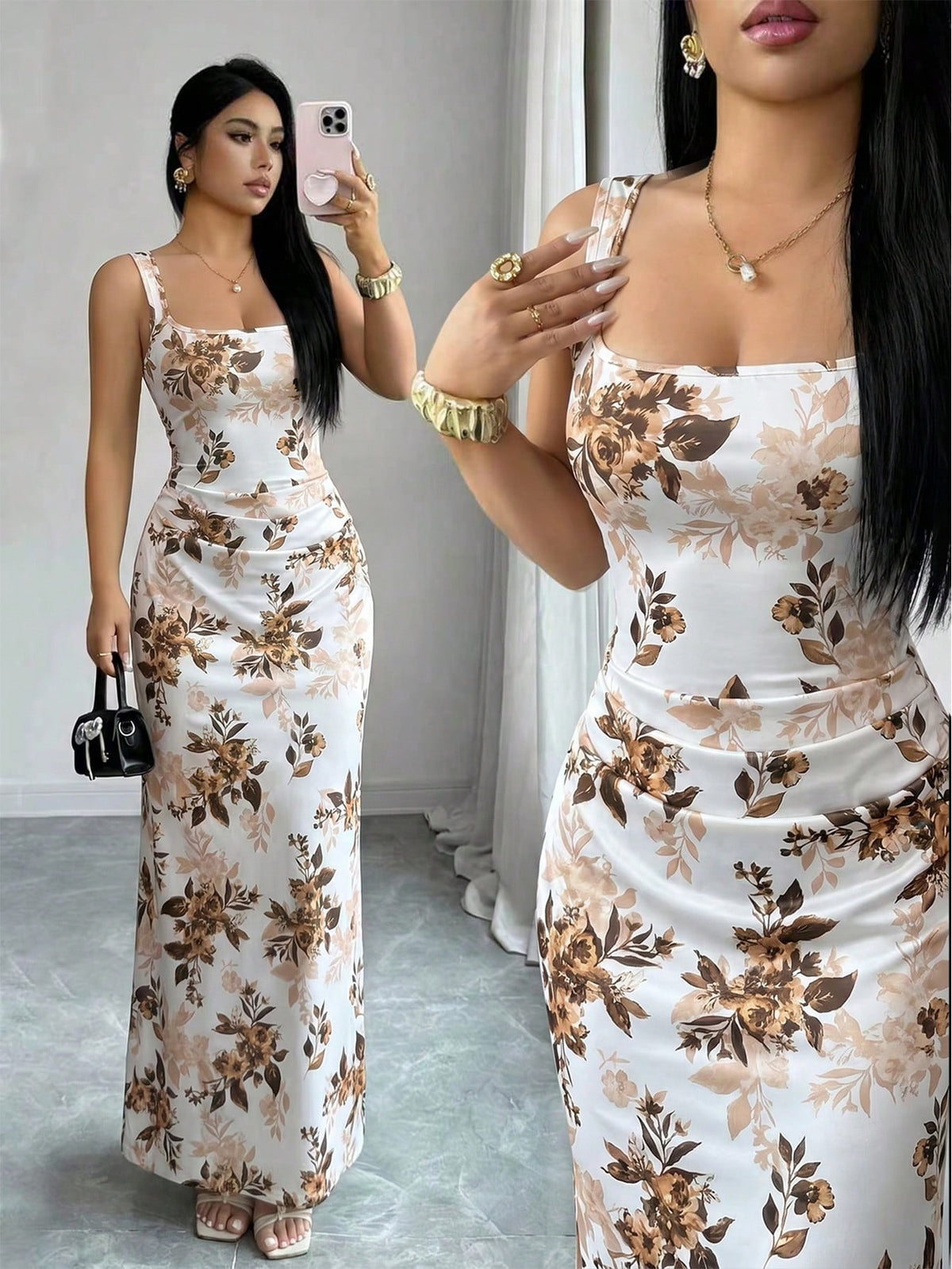 Elenzga Elegant Summer Floral Bodycon Dress,White And Brown French Square Neckline Mermaid Silhouette,Garden Party Wedding Vacation Date Formal Dress