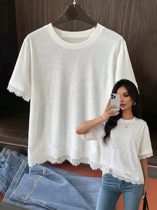 Elenzga Fashion Casual Vacation Soft Linen-Like Lace Patchwork Short Sleeve T-Shirt Undershirt Women Innerwear Top Vintage Elegant Commute Women T-Shirt