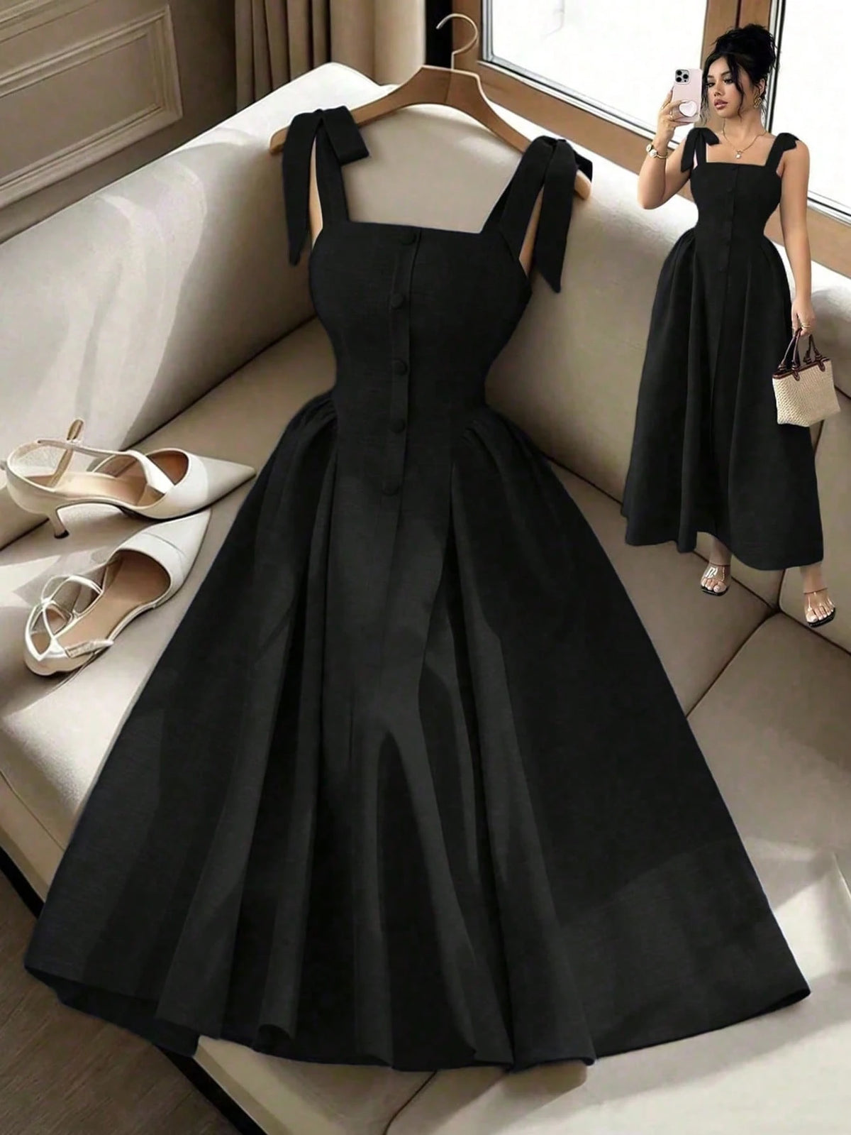 Elenzga New Arrival Tie-Shoulder Textured Bicolor Woven Midi Dress, Youthful Elegant Versatile Office Wear
