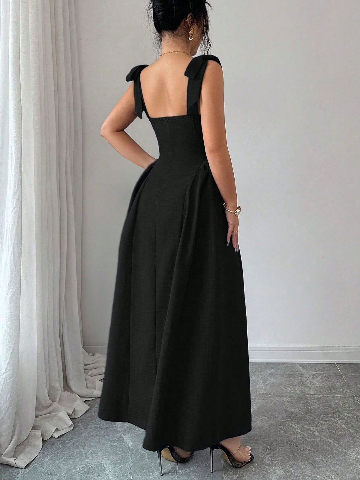 Elenzga New Arrival Tie-Shoulder Textured Bicolor Woven Midi Dress, Youthful Elegant Versatile Office Wear