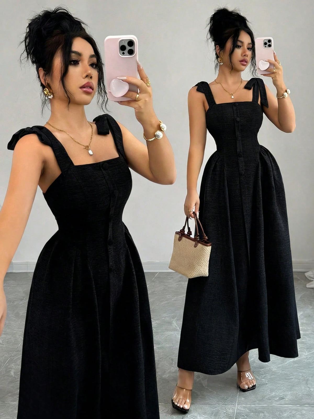 Elenzga New Arrival Tie-Shoulder Textured Bicolor Woven Midi Dress, Youthful Elegant Versatile Office Wear