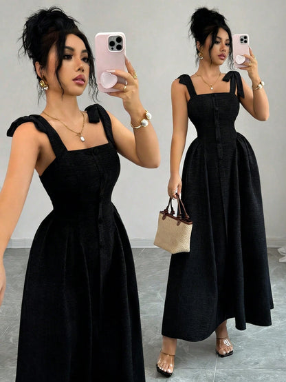 Elenzga New Arrival Tie-Shoulder Textured Bicolor Woven Midi Dress, Youthful Elegant Versatile Office Wear