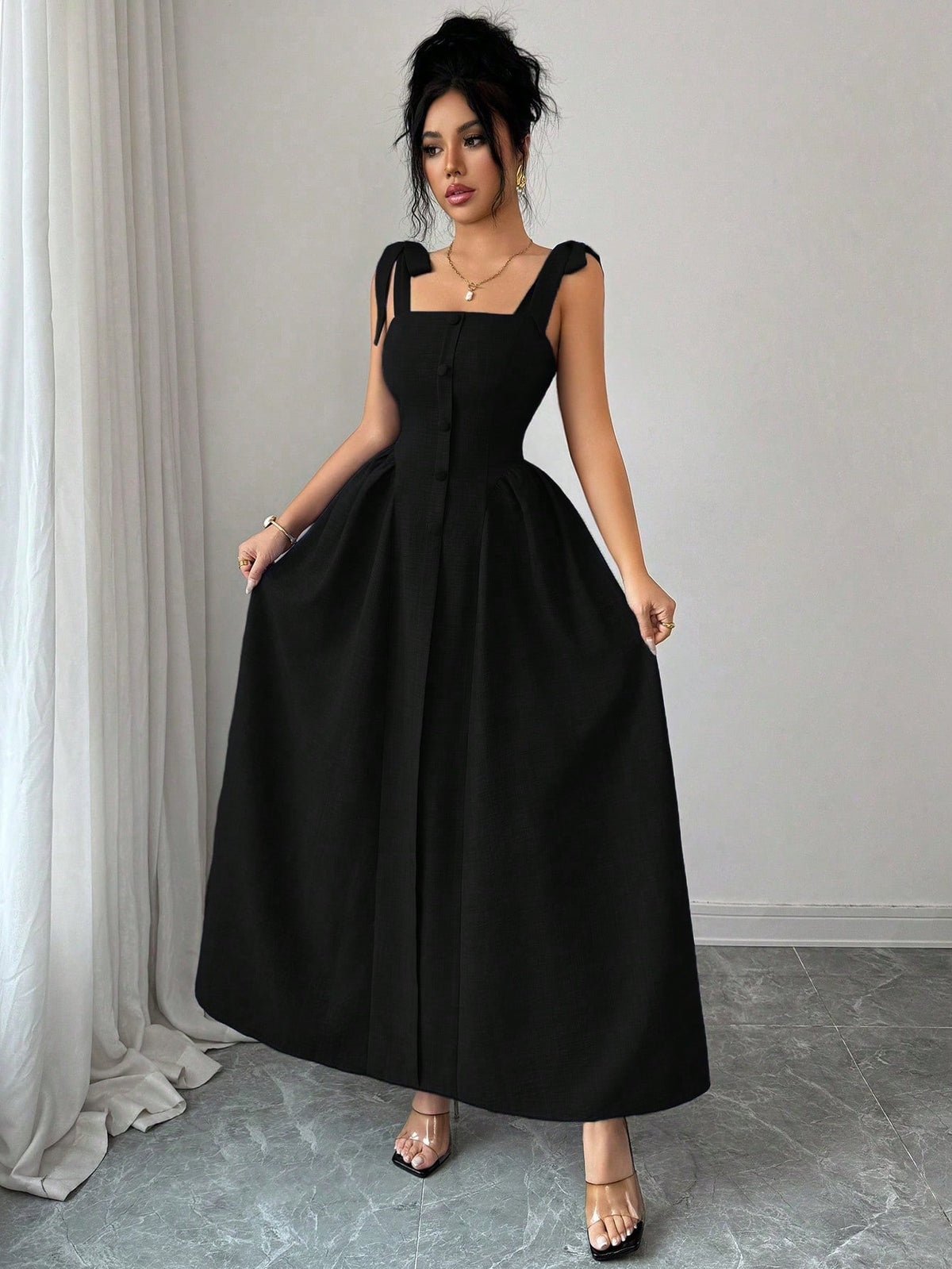 Elenzga New Arrival Tie-Shoulder Textured Bicolor Woven Midi Dress, Youthful Elegant Versatile Office Wear