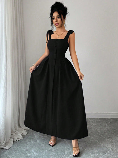 Elenzga New Arrival Tie-Shoulder Textured Bicolor Woven Midi Dress, Youthful Elegant Versatile Office Wear