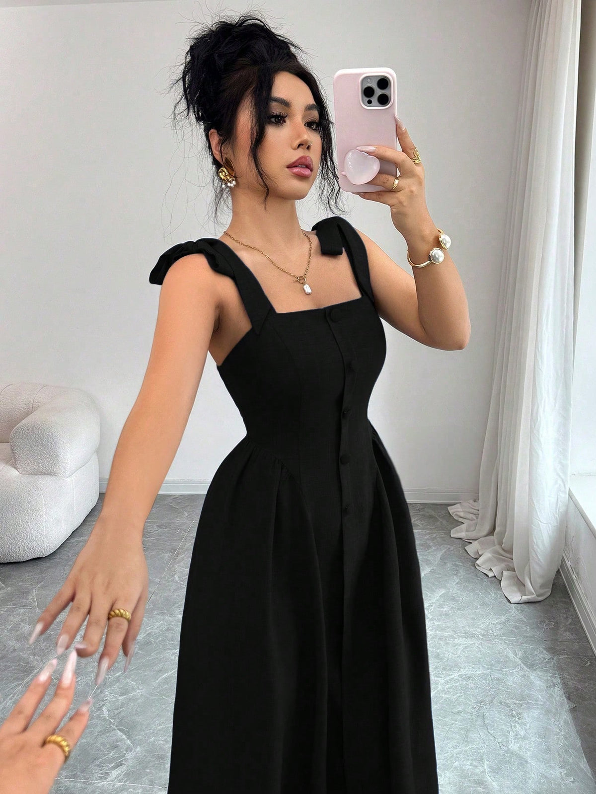 Elenzga New Arrival Tie-Shoulder Textured Bicolor Woven Midi Dress, Youthful Elegant Versatile Office Wear