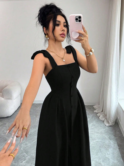 Elenzga New Arrival Tie-Shoulder Textured Bicolor Woven Midi Dress, Youthful Elegant Versatile Office Wear