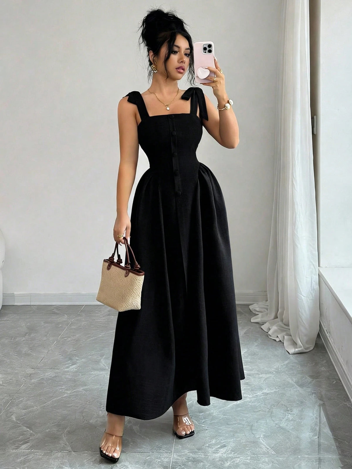 Elenzga New Arrival Tie-Shoulder Textured Bicolor Woven Midi Dress, Youthful Elegant Versatile Office Wear