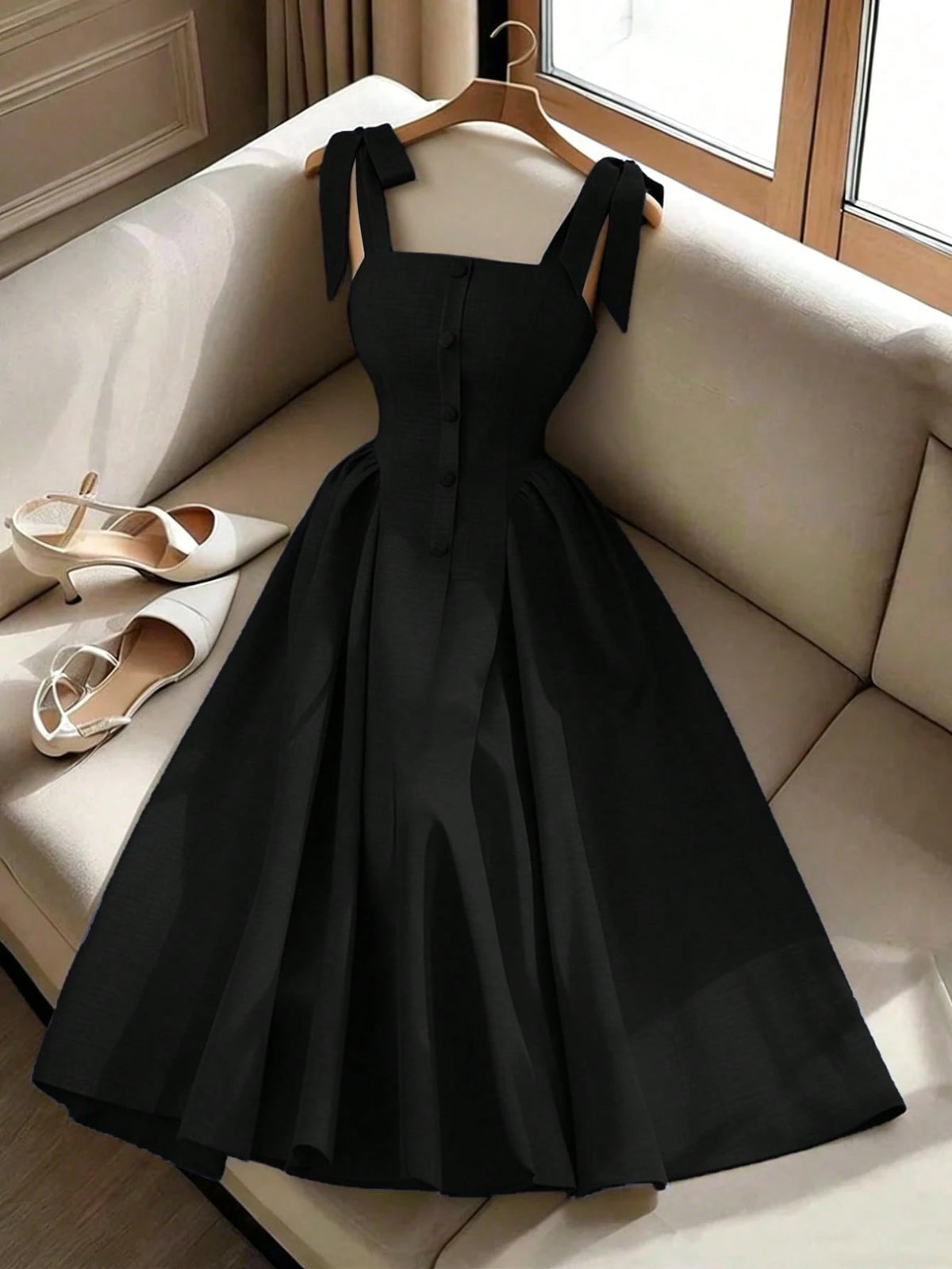 Elenzga New Arrival Tie-Shoulder Textured Bicolor Woven Midi Dress, Youthful Elegant Versatile Office Wear