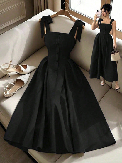 Elenzga New Arrival Tie-Shoulder Textured Bicolor Woven Midi Dress, Youthful Elegant Versatile Office Wear