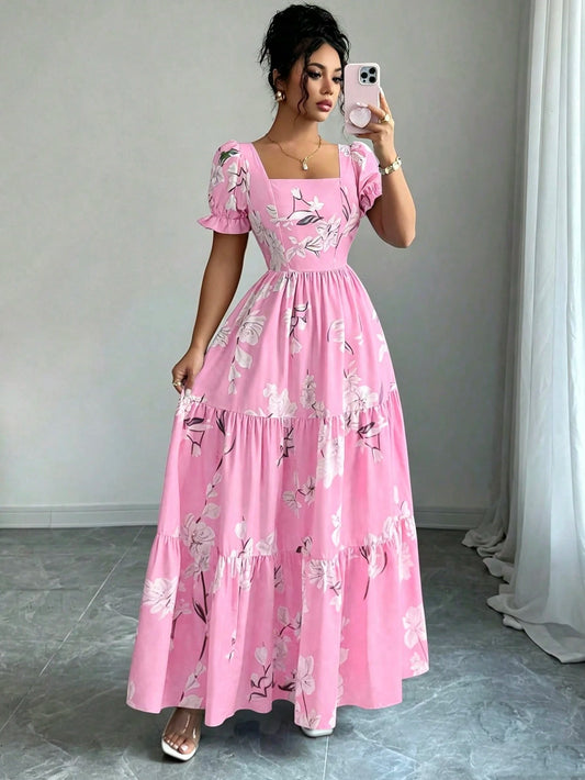 Elenzga New Arrival Women's Square Neck Floral Print Puff Sleeve Backless A-Line Casual Vacation Everyday Elegant Dress