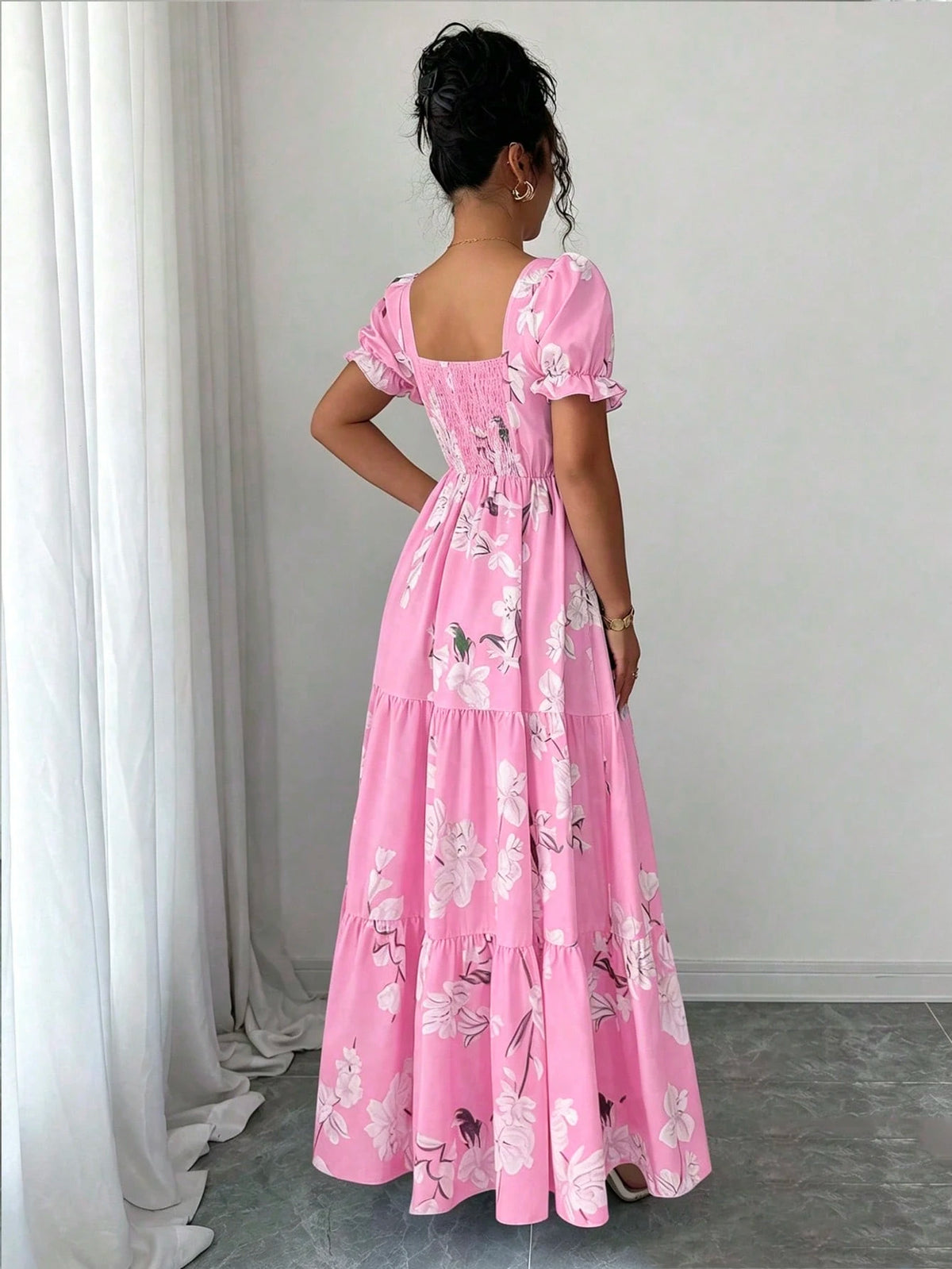 Elenzga New Arrival Women's Square Neck Floral Print Puff Sleeve Backless A-Line Casual Vacation Everyday Elegant Dress