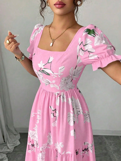 Elenzga New Arrival Women's Square Neck Floral Print Puff Sleeve Backless A-Line Casual Vacation Everyday Elegant Dress