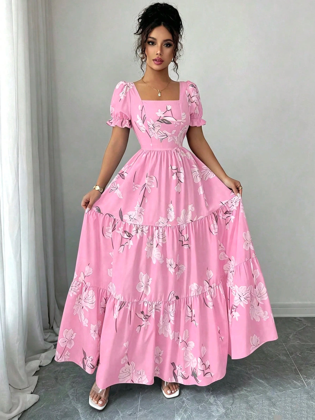 Elenzga New Arrival Women's Square Neck Floral Print Puff Sleeve Backless A-Line Casual Vacation Everyday Elegant Dress
