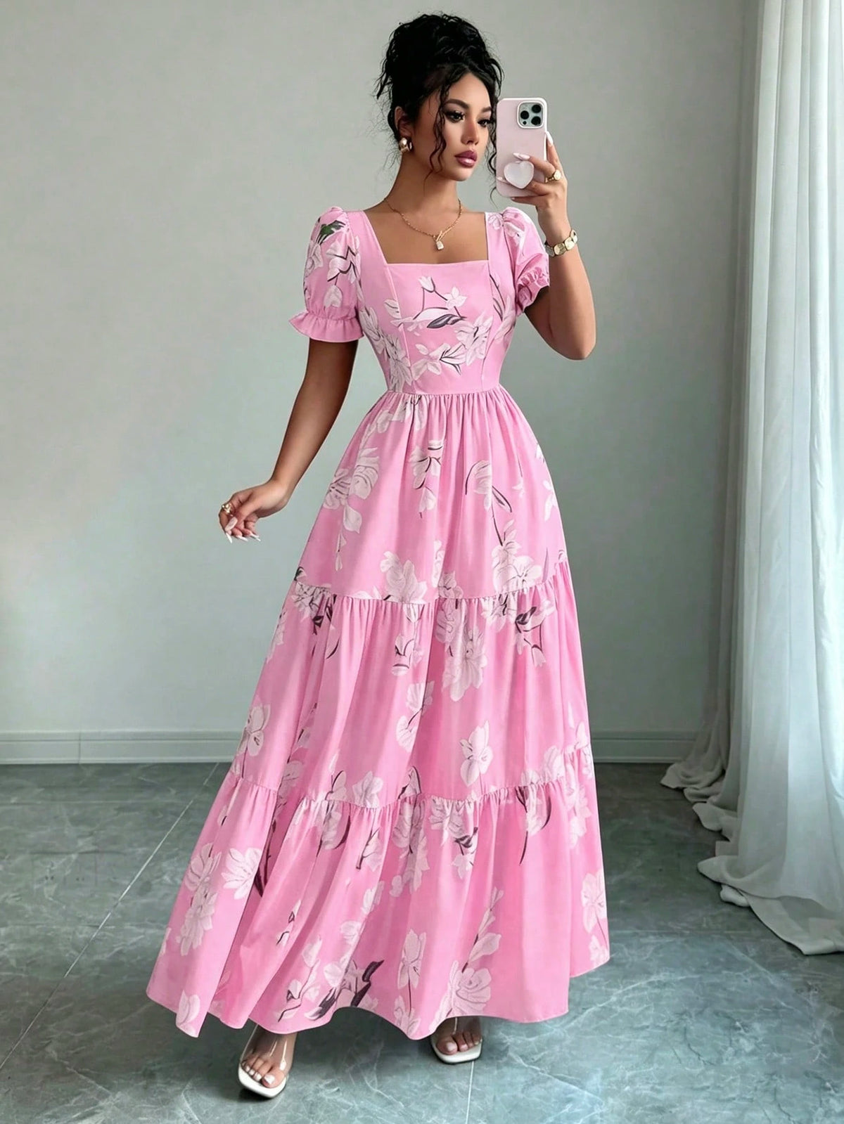 Elenzga New Arrival Women's Square Neck Floral Print Puff Sleeve Backless A-Line Casual Vacation Everyday Elegant Dress