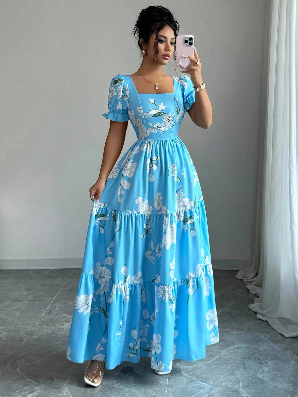 Elenzga New Arrival Women's Square Neck Floral Print Puff Sleeve Backless A-Line Casual Vacation Everyday Elegant Dress
